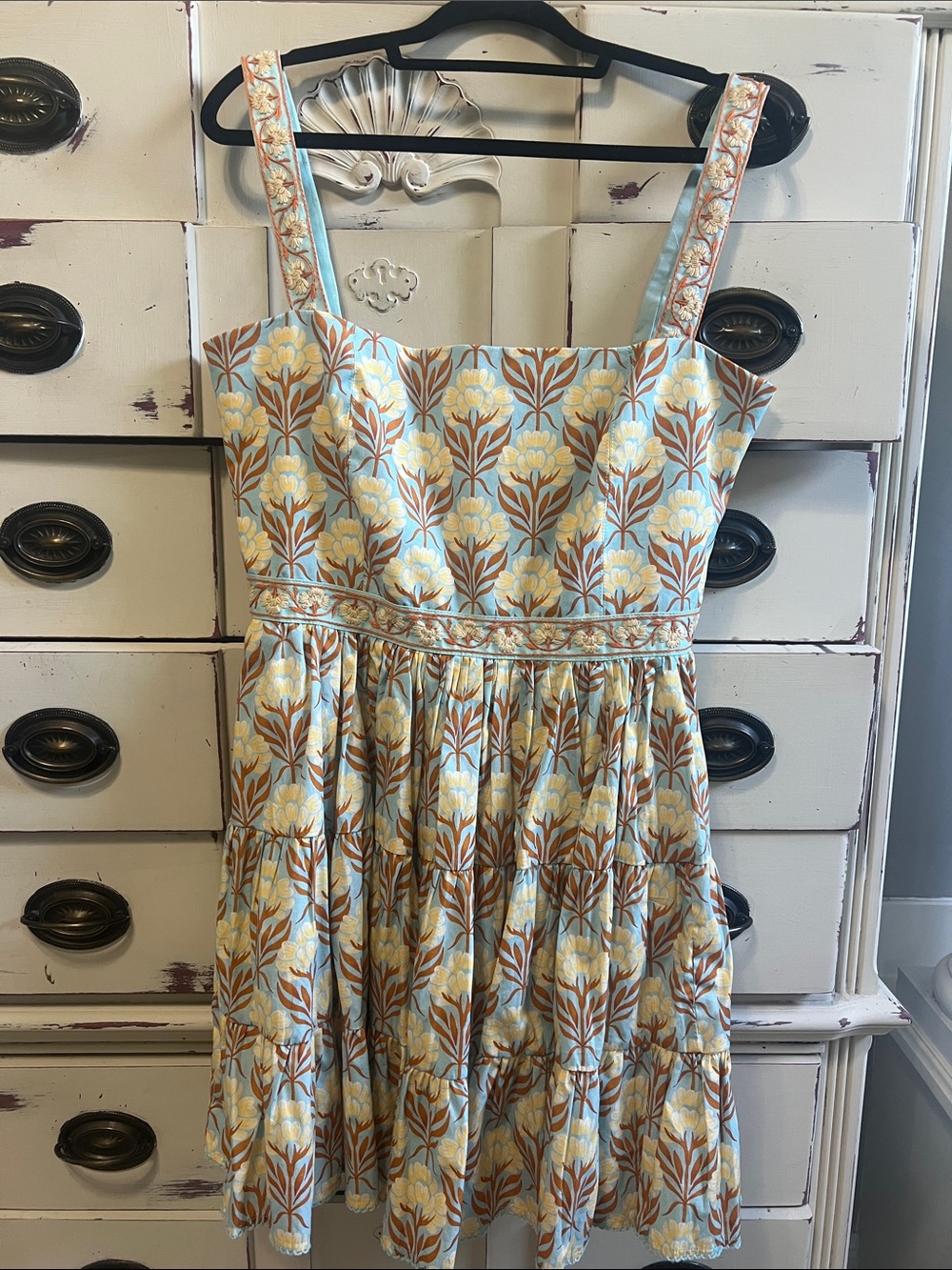 Agua Bendita Light Blue and Cream Floral Mini Dress